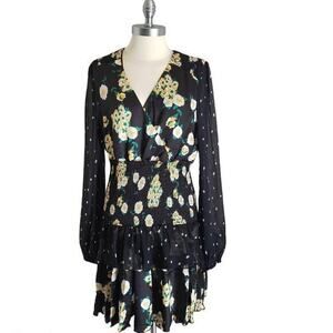 Foxiedox Women's Anemone Black Floral Mixed Print Long Sleeve Mini Dress L smock